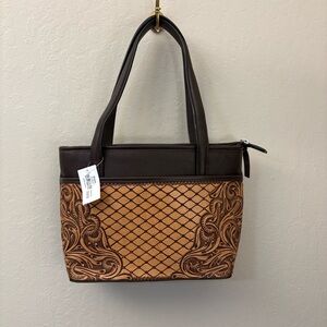 SVK Genuine Leather Hand Tooled Dark Brown & Tan Shoulder Bag Purse NWT